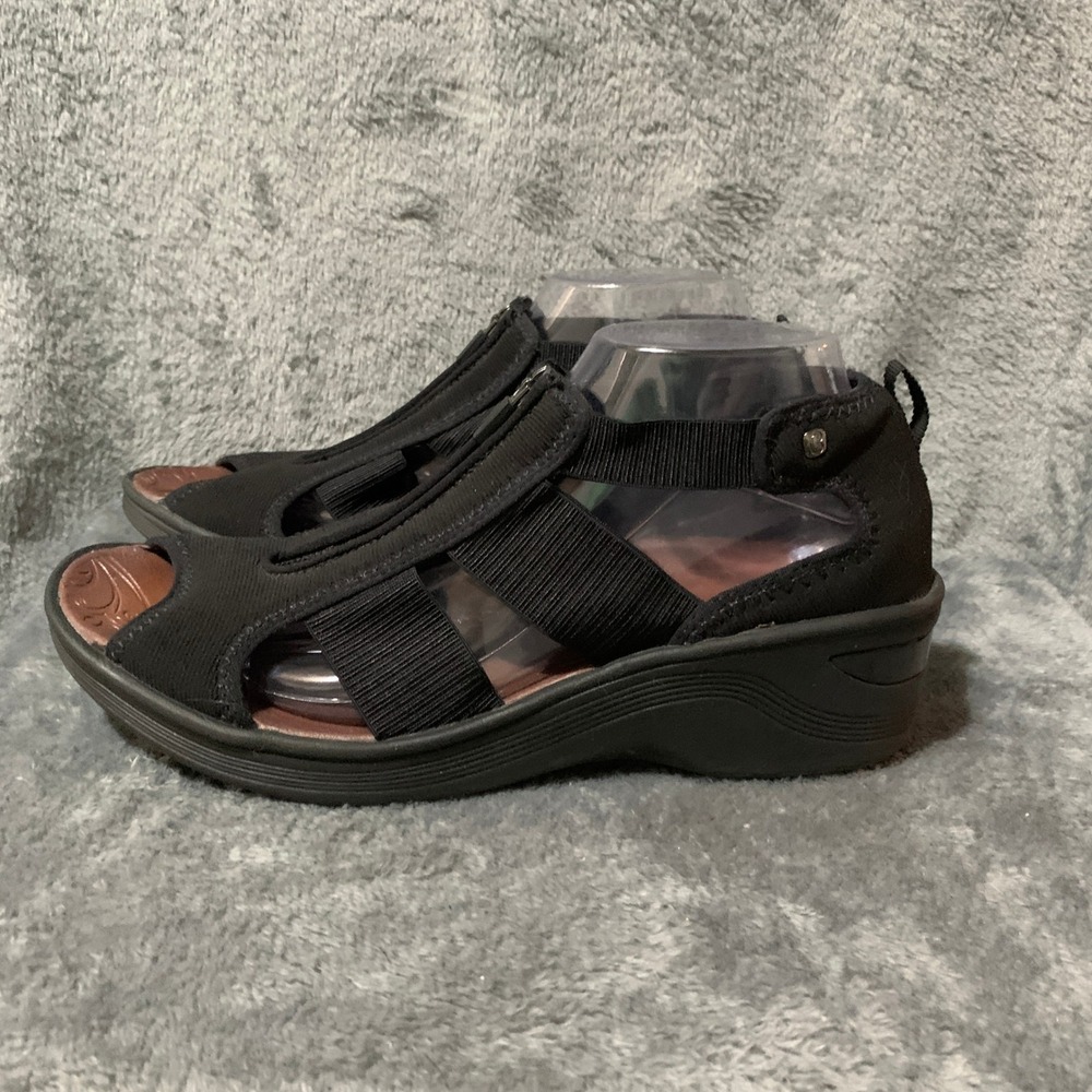 Bzees Duet Black Fabric Wedge Sandals Front Zip Peep Toe Womens Size 11 M